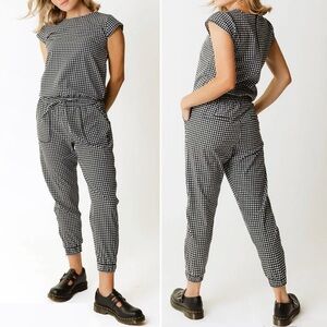 NWT Albion Black Check Jumpsuit Size LP Large Petite Short Sleeve Travel Stretch